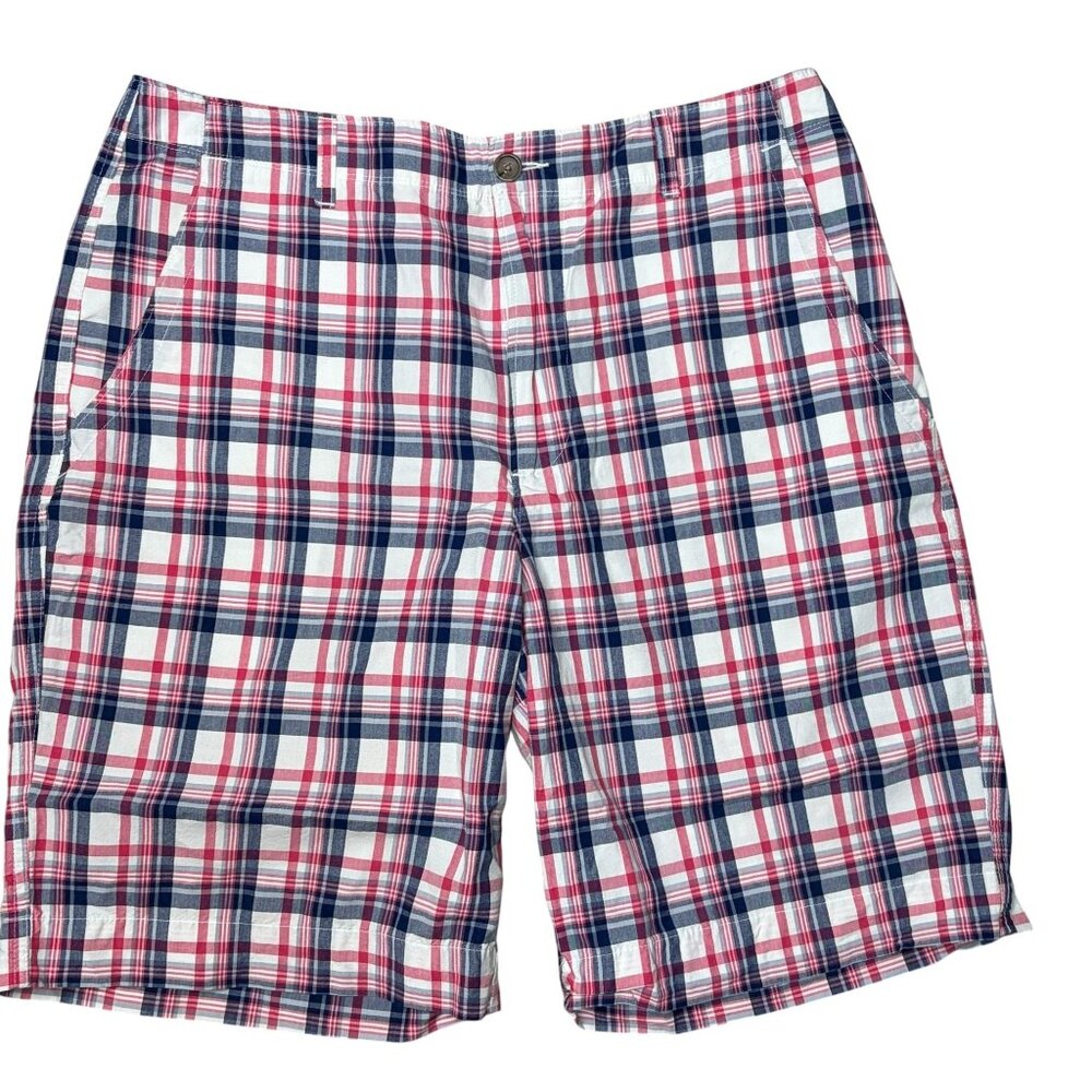 Banana Republic Men's Plaid Shorts Size 35 Red White Blue Cotton Flat Front